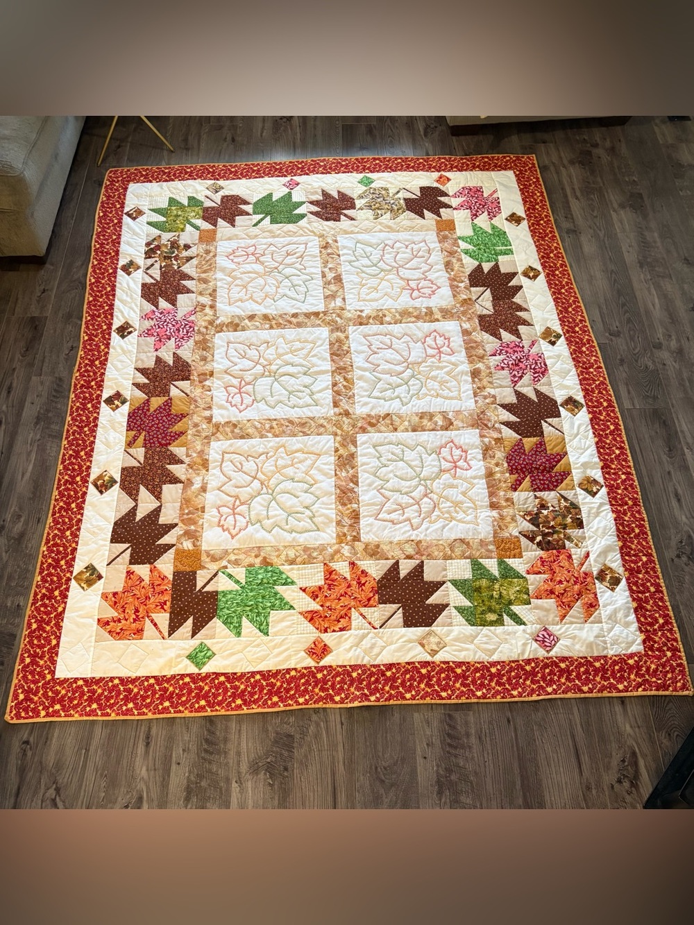 Vintage patchwork quilt leaf print handmade